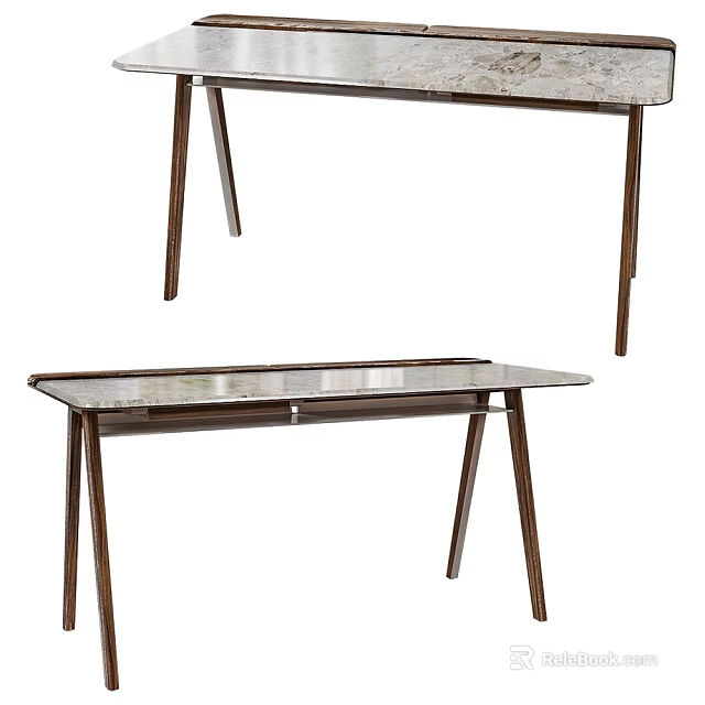 Modern Desk With Smooth Marble Surface And Wooden Tapered Legs Design 3d model 