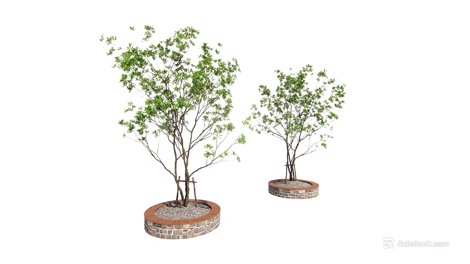 Two Tree Planters With Brick Edges And Stone Bases Holding Young Green Leaf Trees 3d model