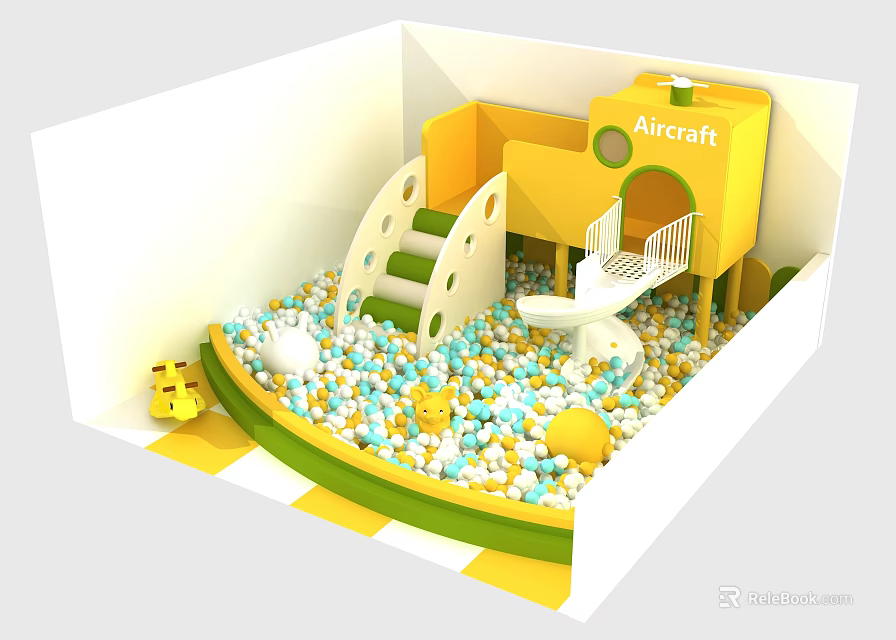 Children's Play Equipment With Colorful Ball Pit Yellow Aircraft Themed Slide And Climbing Stairs 3d model 