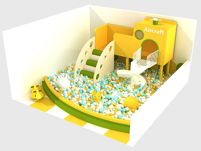 Children's Play Equipment With Colorful Ball Pit Yellow Aircraft Themed Slide And Climbing Stairs 3d model