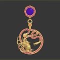 Golden Pendant Earrings With Purple Gemstone Red Accents And Intricate Carved Design