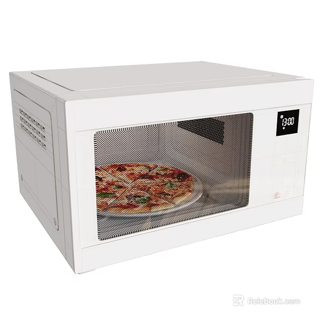 White Countertop Microwave Oven With Pizza Inside Modern Kitchen Appliance 3d model 