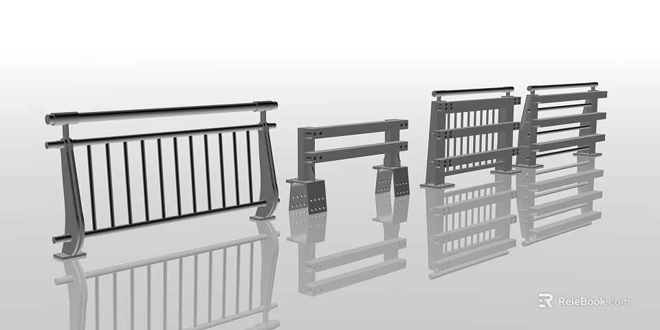 Modern Metal Fences With Various Railing Designs And Support Structures 3d model 