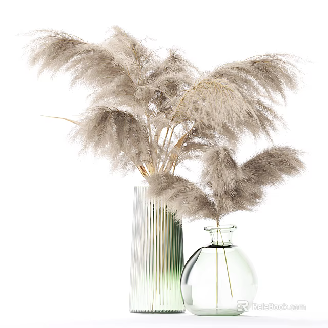 Green Striped And Transparent Glass Vases With Fluffy Pampas Grass Flowers 3d model 