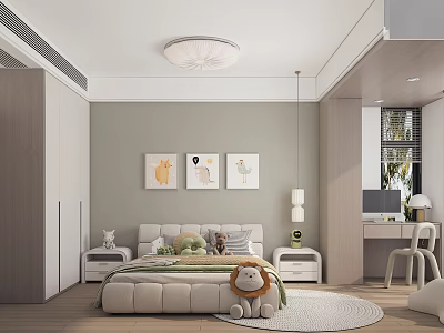Modern Kids Bedroom With Plush Toy And Decorative Wall Art 3d model