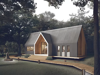 Wooden Guesthouse Building in Forest with Sloped Roof Terrace and Large Windows 3d model