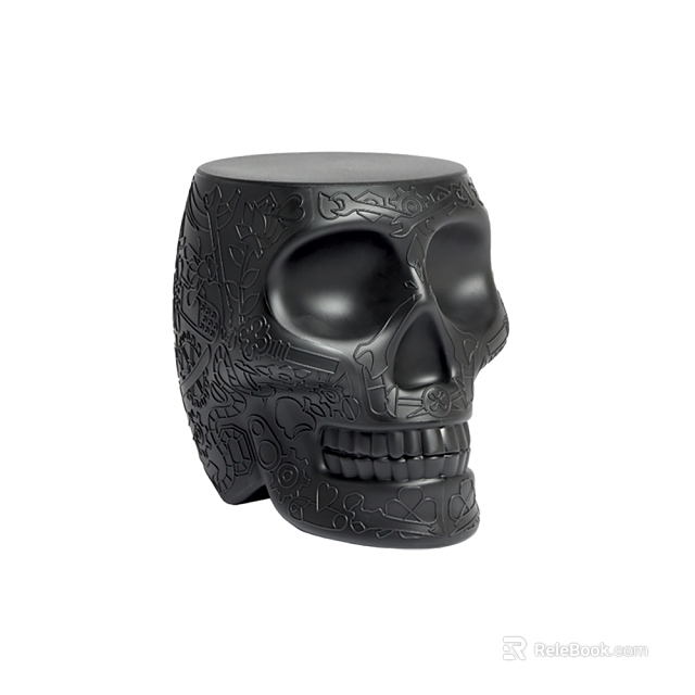 Black Skull Shaped Side Table With Intricate Carved Decorative Details 3d model 