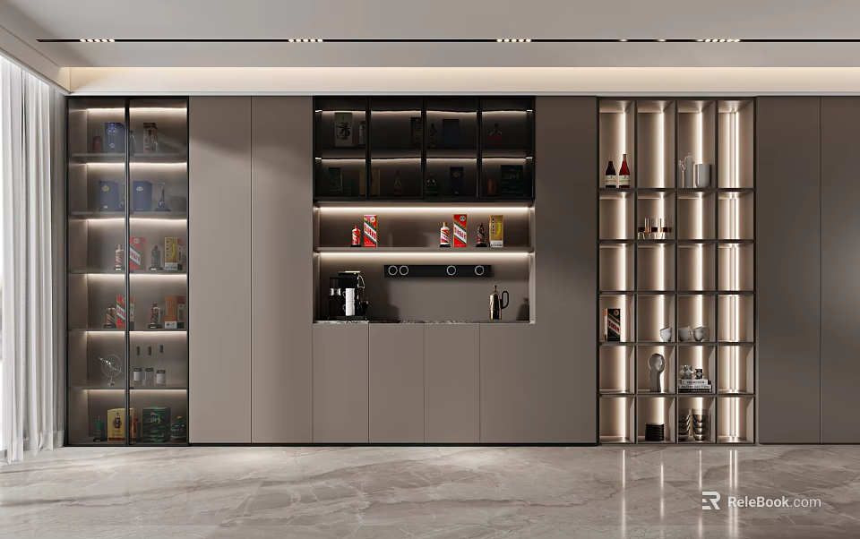 Modern Wine Cabinet Design With Glass Shelves LED Lighting And Wine Bottles 3d model 