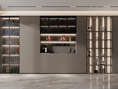 Modern Wine Cabinet Design With Glass Shelves LED Lighting And Wine Bottles 3d model