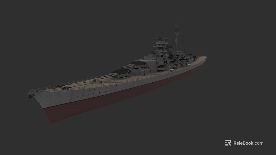 Detailed Warship 3D Model with Upper Structure and Main Guns on Dark Background 3d model