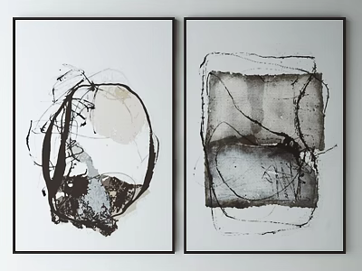 Two Abstract Paintings In Black Frames With White Backgrounds And Lines 3d model