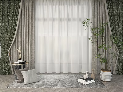 Elegant Curtains With White Sheer And Dark Outer In Room Decor With Plant And Rug 3d model