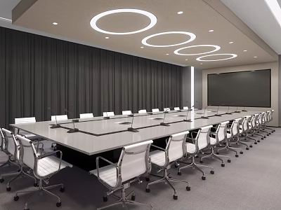 Modern Conference Room With Long Table White Chairs Circular Lights Dark Curtains And Large Screen 3d model