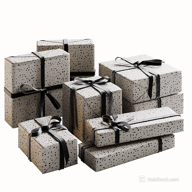 Stylish Gift Boxes With Black Polka Dot Patterns And Black Ribbon Bows For Presents 3d model 