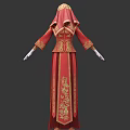 Detailed Character in Red Robe with Intricate Gold Embroidery Red Hood and White Gloves