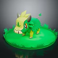 Game Anime Character With Green Body And Yellow Horns Standing On Grass Field