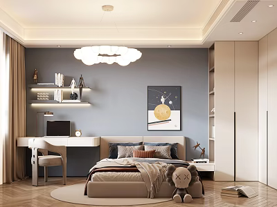 Modern Cozy Kids Room Interior With Blue Wall Cloud Chandelier Bed And Desk 3d model