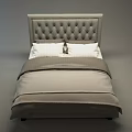 Modern Double Bed With Tufted Gray Headboard Striped Pillows And Gray Comforter 3d model