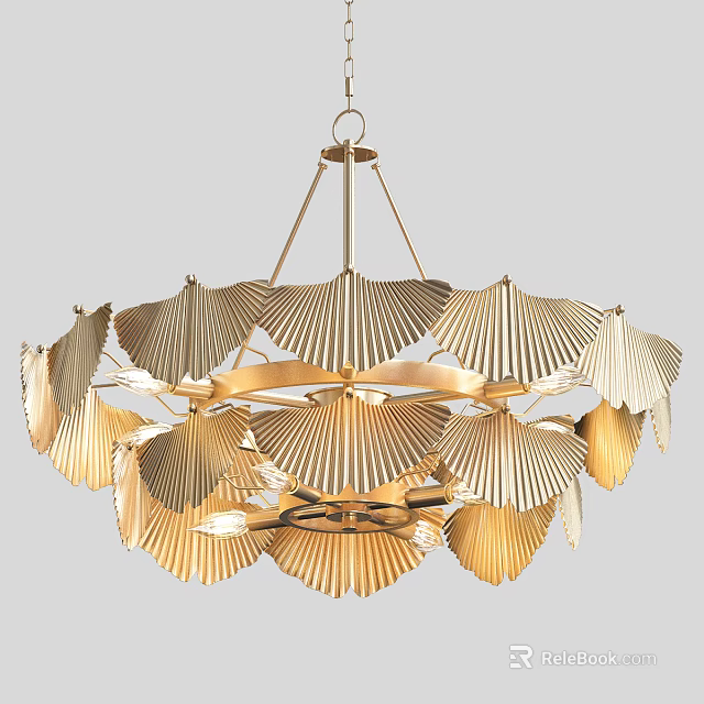 Elegant Gold Chandelier Featuring Fan Shaped Blades And Multi Layer Design 3d model