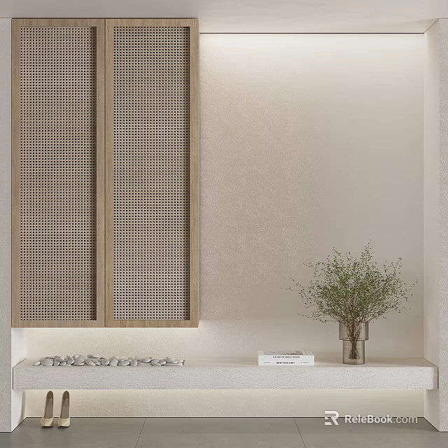Minimalist Entrance Hallway With Grid Panel Console Table And Greenery 3d model