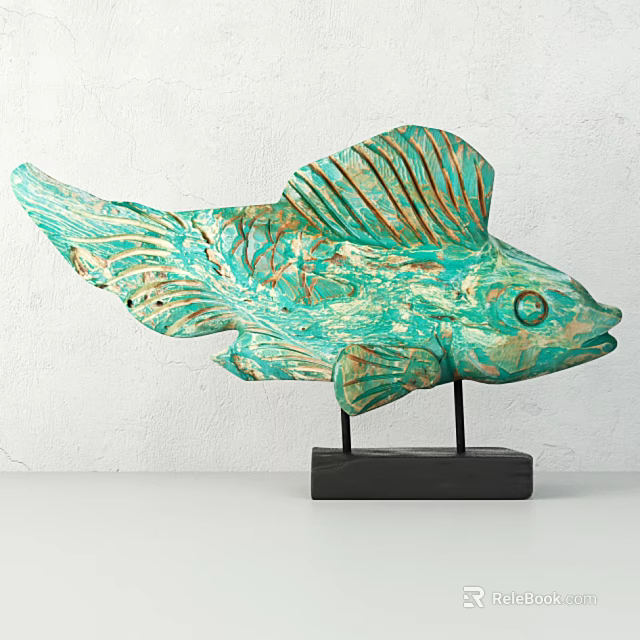 Turquoise Fish Shaped Decorative Ornament With Textured Design And Black Base Stand 3d model 