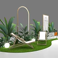 Floral Display with Green Plants Grass Lawn Arched Frame and Deck Chairs