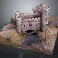 Detailed Miniature Castle Model With Stone Towers And Bridge On Grass Base