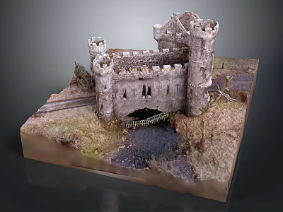 Detailed Miniature Castle Model With Stone Towers And Bridge On Grass Base 3d model