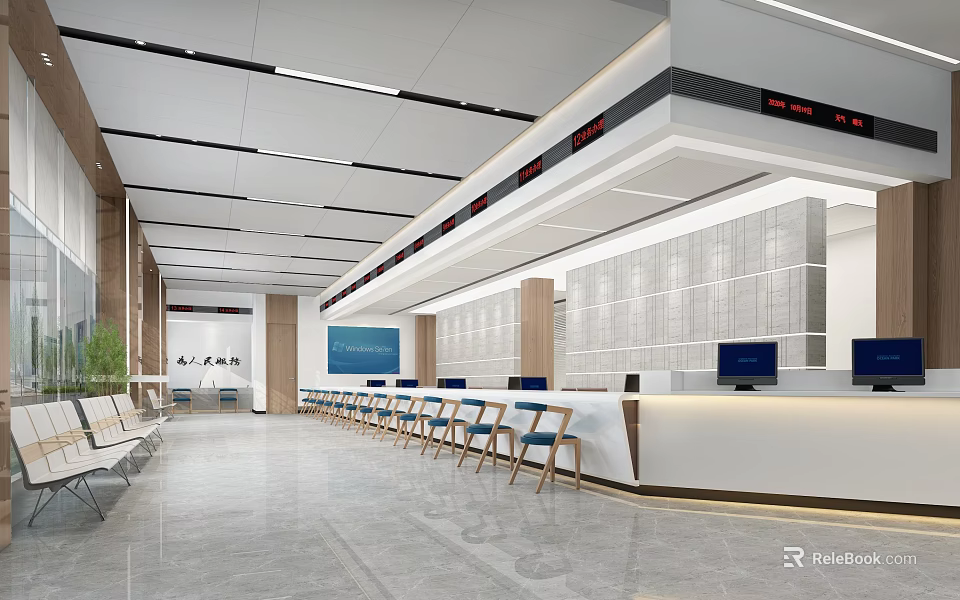 Modern Service Hall Interior With Counters Waiting Chairs And Digital Screens 3d model