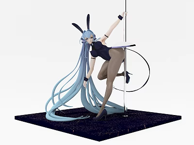 Game Movie Character With Long Blue Hair Rabbit Ears Black Bodysuit And Pole Dance Pose 3d model