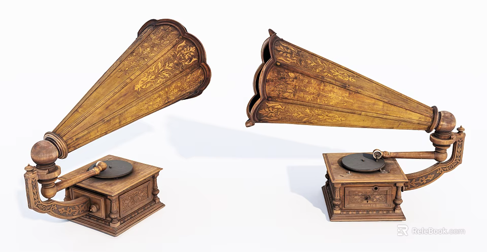 Vintage Wooden Gramophone Audio Devices With Carved Horns And Classic Design 3d model 