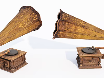 Vintage Wooden Gramophone Audio Devices With Carved Horns And Classic Design 3d model