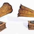 Vintage Wooden Gramophone Audio Devices With Carved Horns And Classic Design