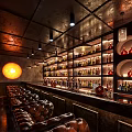 Modern Bar Interior With Pendant Lights TV Screen Brown Seating And Unique Flooring