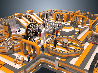 Orange Grey Indoor Playground Equipment with Slides Climbing Nets Ball Pits for Kids 3d model