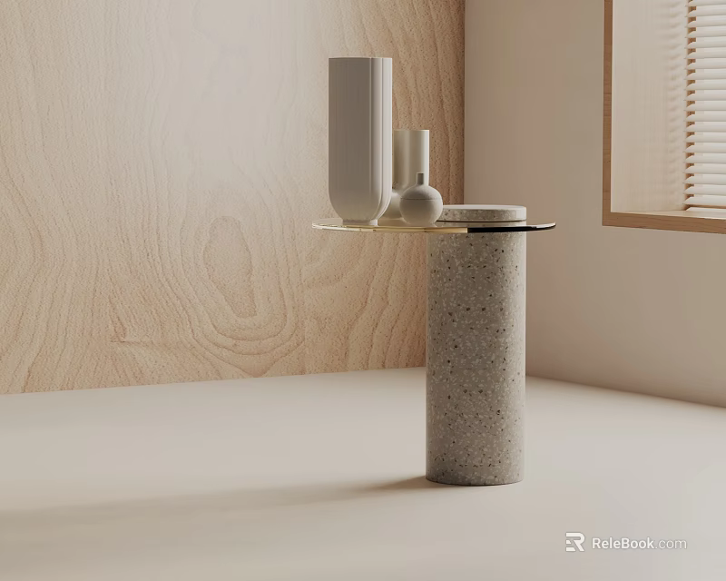 Modern Side Table Design With Concrete Base Glass Top And Decorative Vase Against Wooden Wall 3d model 