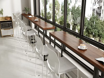 Elegant Bar Counter With Long Wooden Countertop White Chairs And Green Trees Outside Window 3d model
