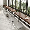 Elegant Bar Counter With Long Wooden Countertop White Chairs And Green Trees Outside Window