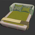 Comfortable Double Bed With White Frame Green Mattress Patterned Pillows And Decorative Bed Runner 3d model