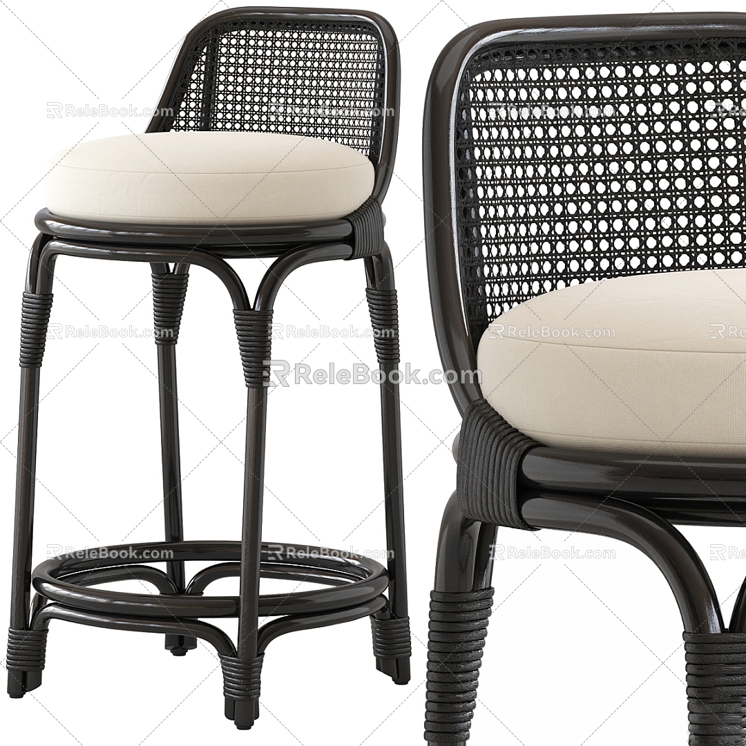 Middle Ancient Nanyang Style Black Rattan Bar Chair 3d model