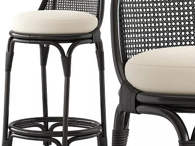 Black Frame Bar Stools With Woven Rattan Backrest And Beige Cushioned Seat 3d model