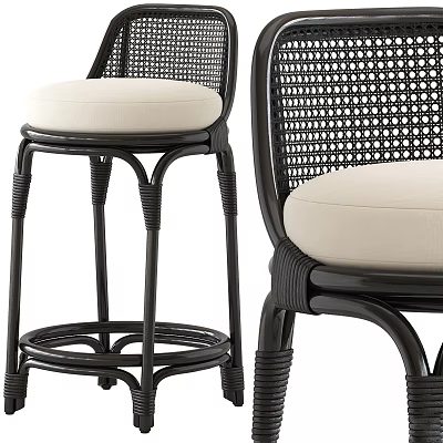 Black Frame Bar Stools With Woven Rattan Backrest And Beige Cushioned Seat 3d model