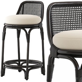 Middle Ancient Nanyang Style Black Rattan Bar Chair 3d model