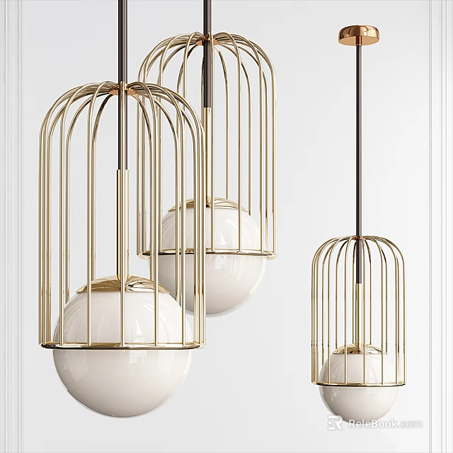 Elegant Cage Shaped Pendant Lights With Golden Frame And White Sphere 3d model 