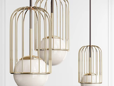 Elegant Cage Shaped Pendant Lights With Golden Frame And White Sphere 3d model