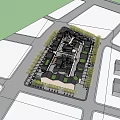 Modern Commercial Plaza With Market Area Pedestrian Walkways And Open Space At Evening