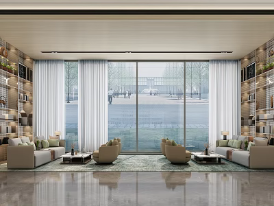 Modern Spacious Lounge Area with Large Windows Outdoor View Sofas and Bookshelves 3d model