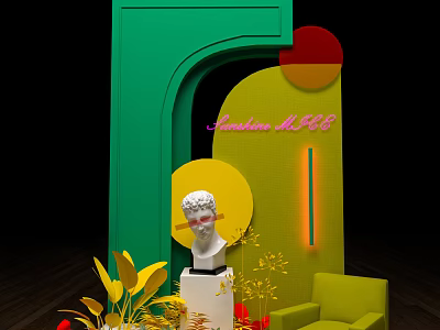 Vibrant Green Arch Photo Spot With Yellow Background White Statue Green Sofa And Plants 3d model