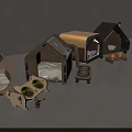 Various Designed Pet Houses With Wooden Fabric Materials And Pet Bowls