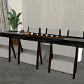 Long Tea Table And Comfortable Chairs In Minimalist Interior With Tea Set And Plants 3d model
